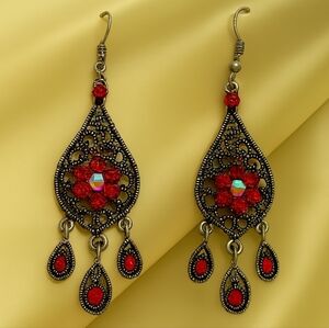 Filigree Fringe Red Crystal Dangle Earrings – Statement Women’s Fashion Jewelry